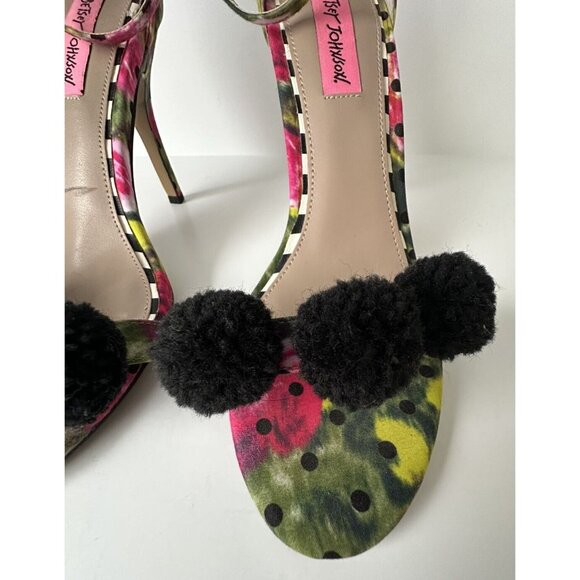 Betsey Johnson Lylly Puff Ankle Strap Sandals Size 7.5 Pom Pom Stiletto Heels - Picture 4 of 8
